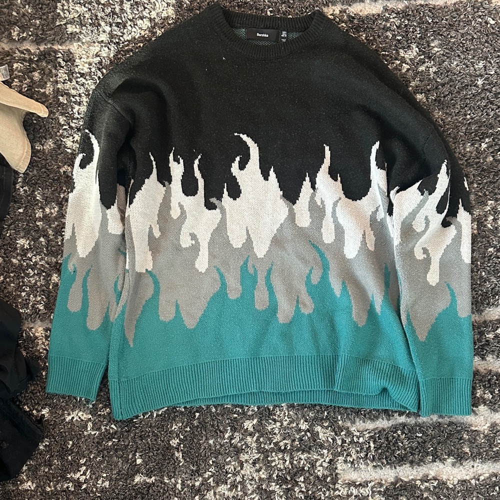 Bershka Black and Teal Flame Crewneck Sweater